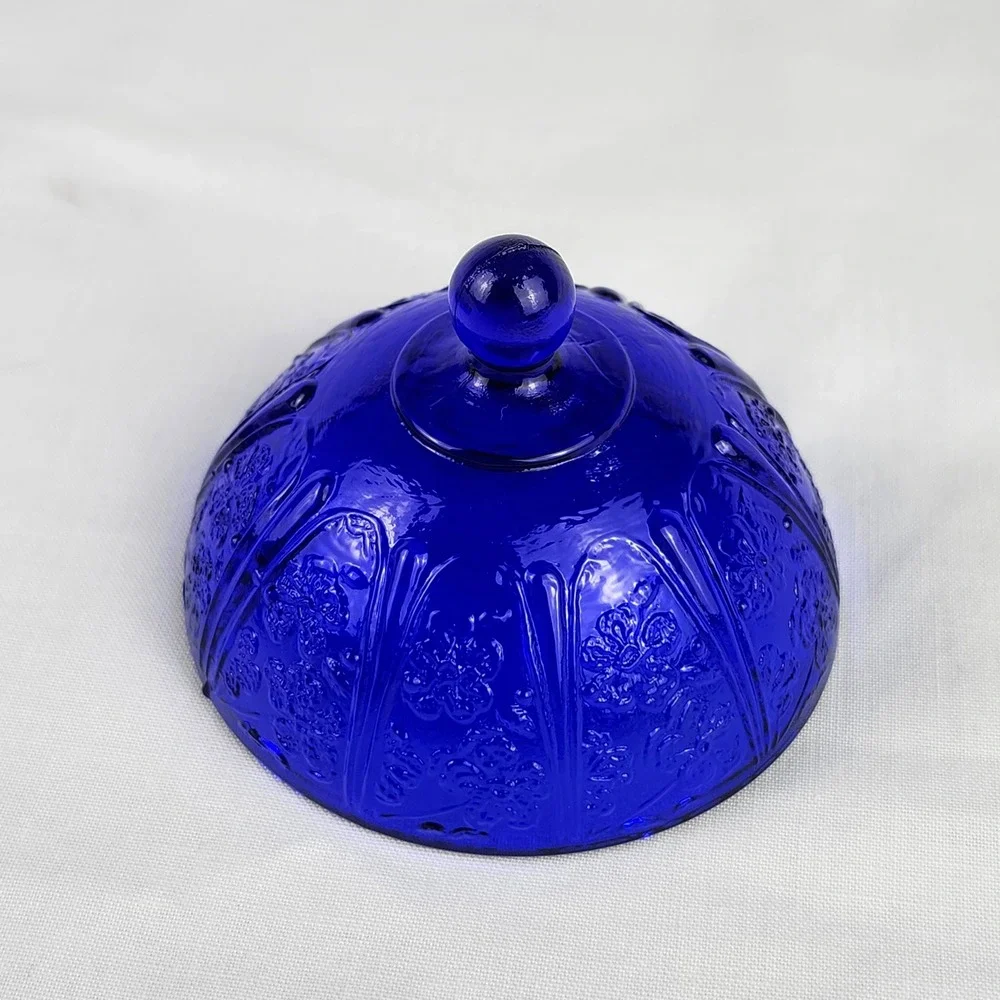 VTG Butter/Cheese Dish Cobalt Blue Glass Cherry Blossom Embossed Scalloped Edge